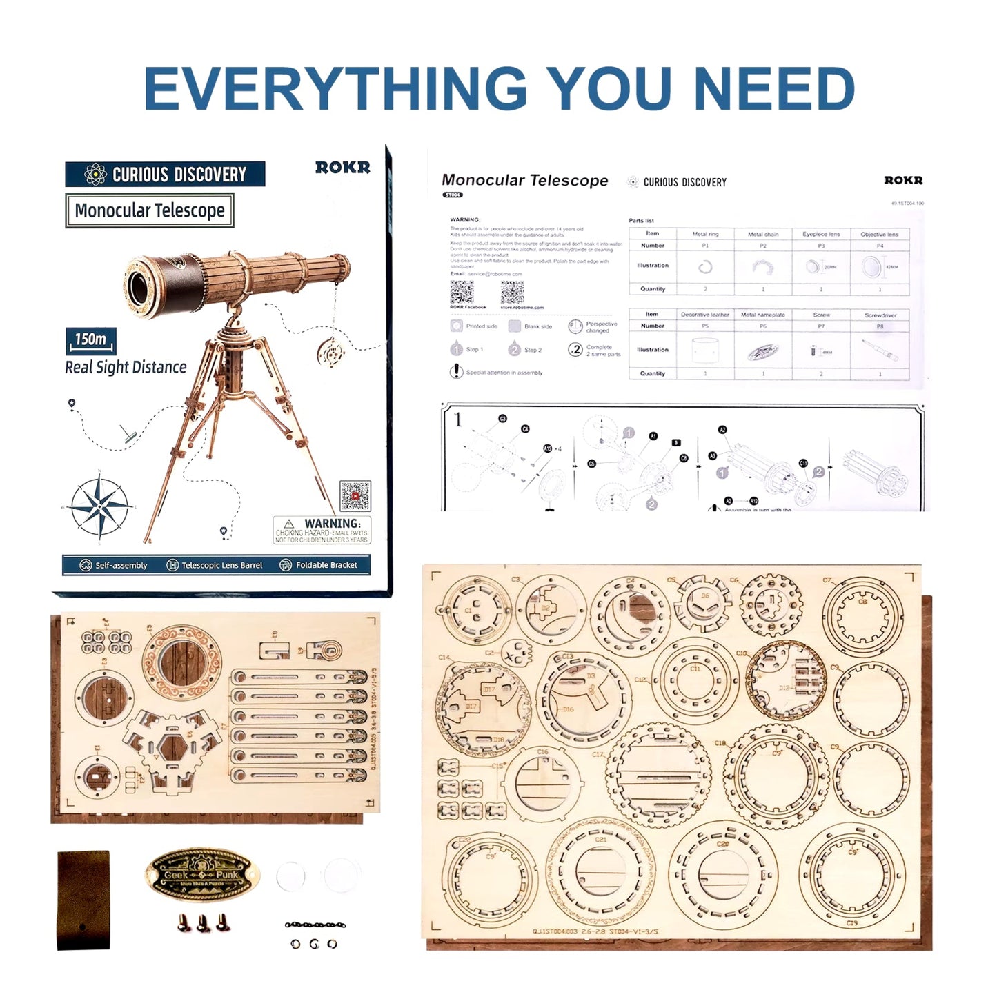 Rokr 1:1 DIY 314Pcs Telescopic Monocular Telescope Wooden Model Building Kits Assembly Toy Gift for Children Adult