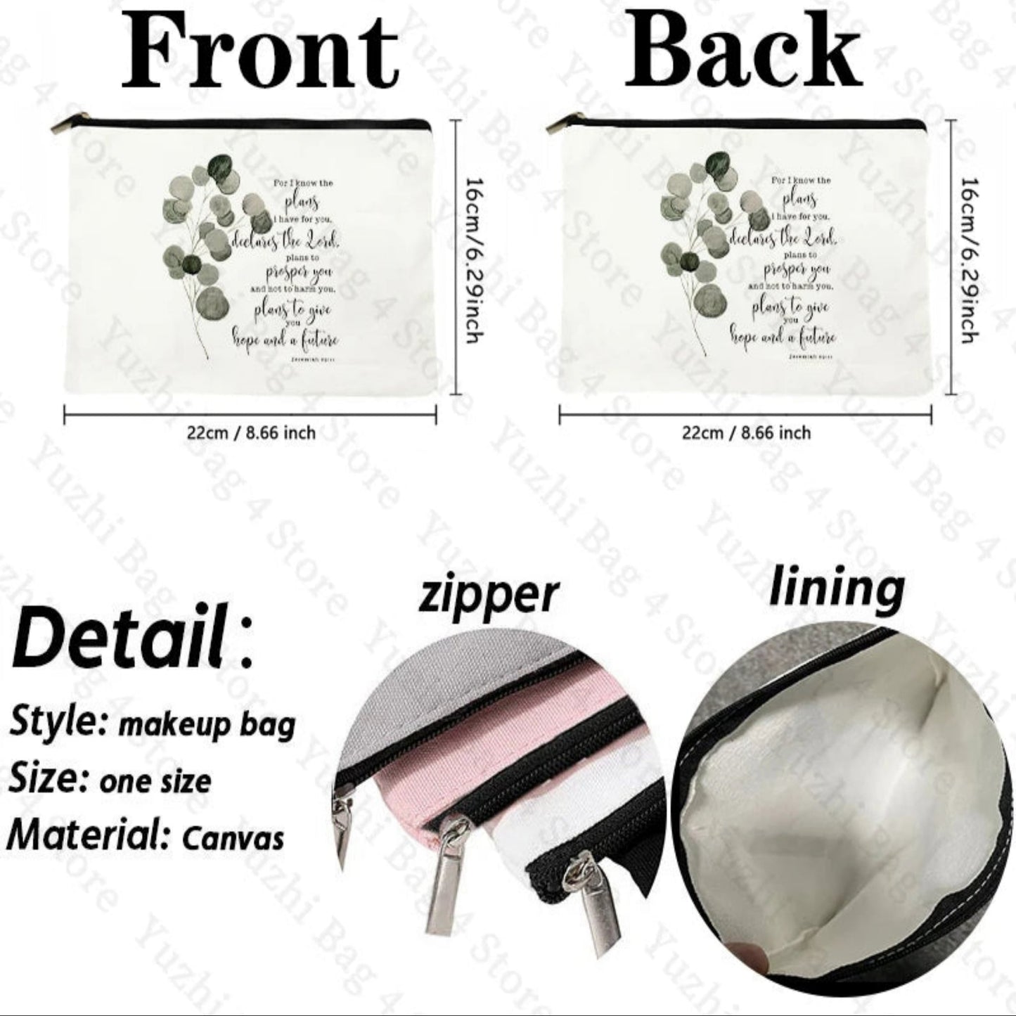 Bible Scripture Jeremiah 29:11 for I Know the Plans Watercolor Eucalyptus Leaf Pattern Makeup Cosmetic Bag Christian Religious