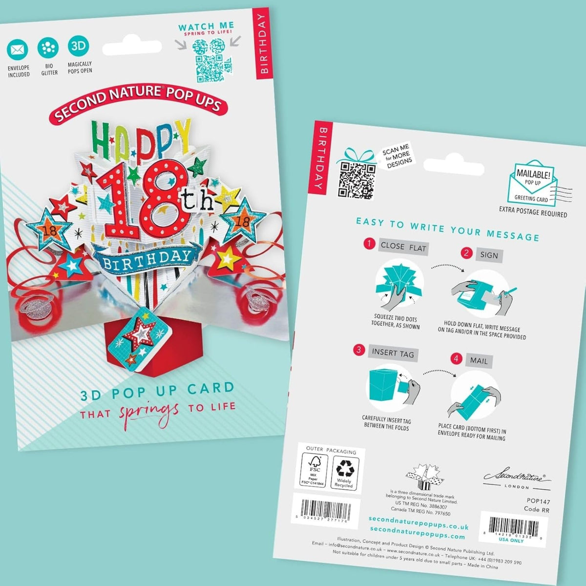 18th Birthday Pop-Up Card – Second Nature 3D Greeting Card - 20cm x 20cm