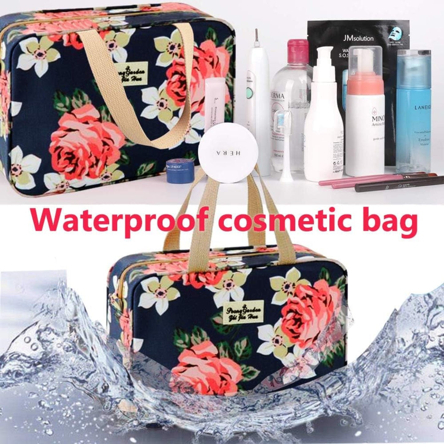Toiletry Bag for Women Portable Cosmetic Bag Large Toiletries Organizer Storage Navy Rose Toiletry Kit Leakproof Travel Make up for Girls Floral Cosmetic Case (Navy Rose)