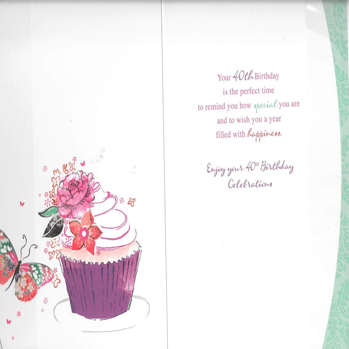 40th Birthday Card with Butterflies - 9 x 6 inches