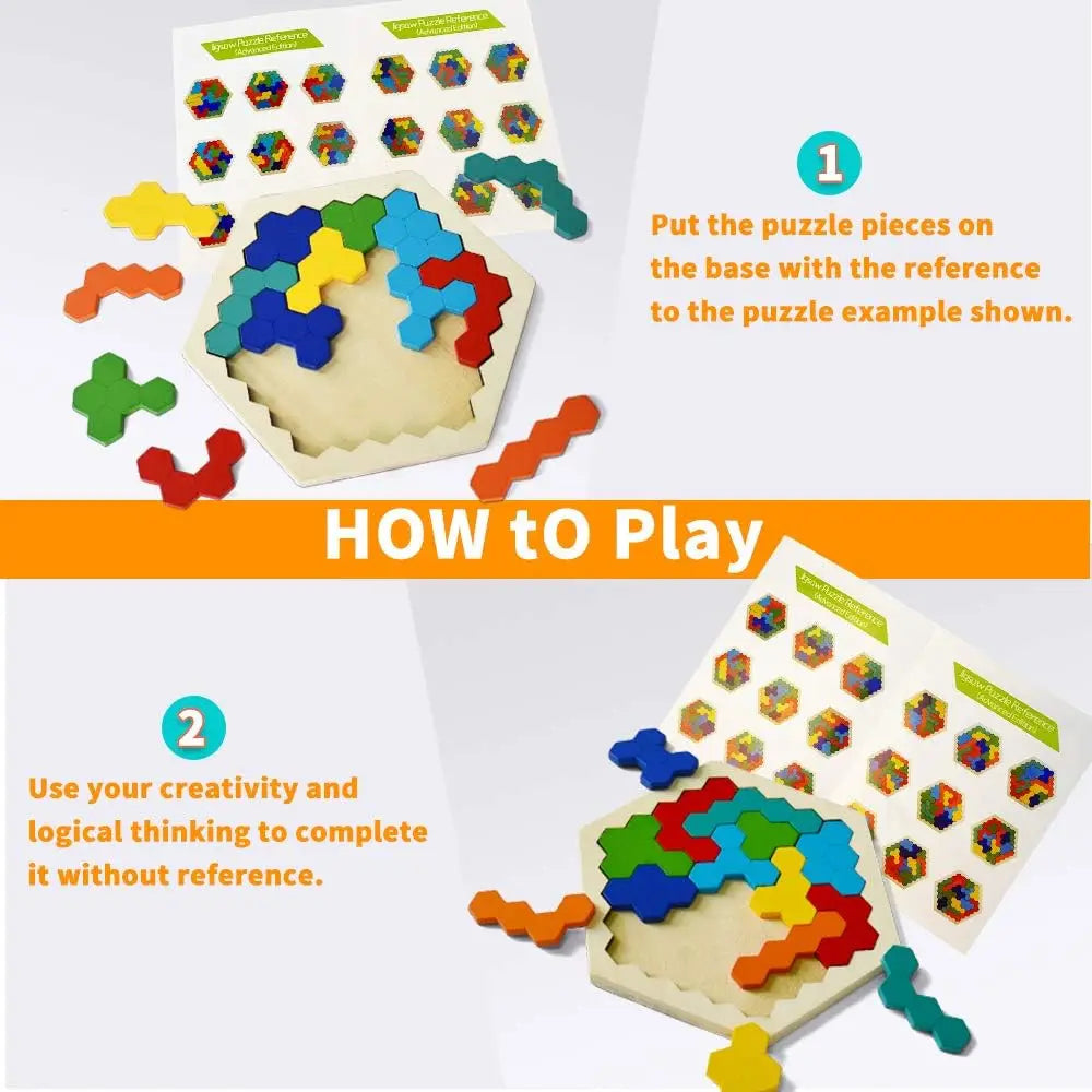 3D Hexagonal Wooden Puzzles Educational Toys for Children Kids Preschool Tangram Board Brain IQ Test Game Montessori Toys Gifts