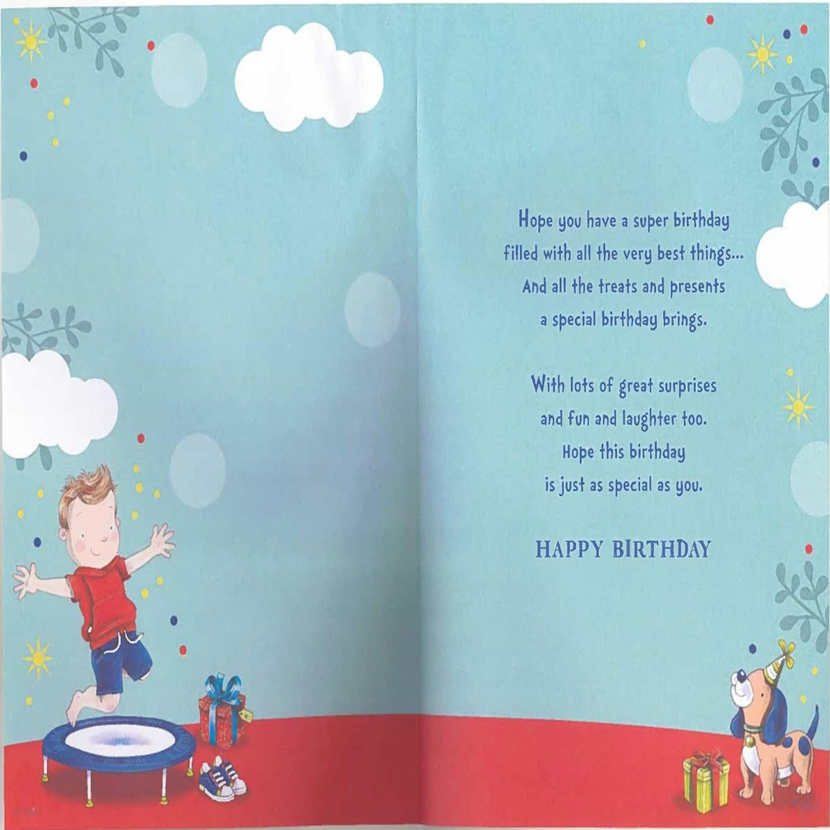 5th Birthday Card for Great Grandson | Includes Birthday Badge - Animated Little Boy Design Jumping On a Trampoline with His Pet Dog Next to Him - 22.8 x 15.3 cm