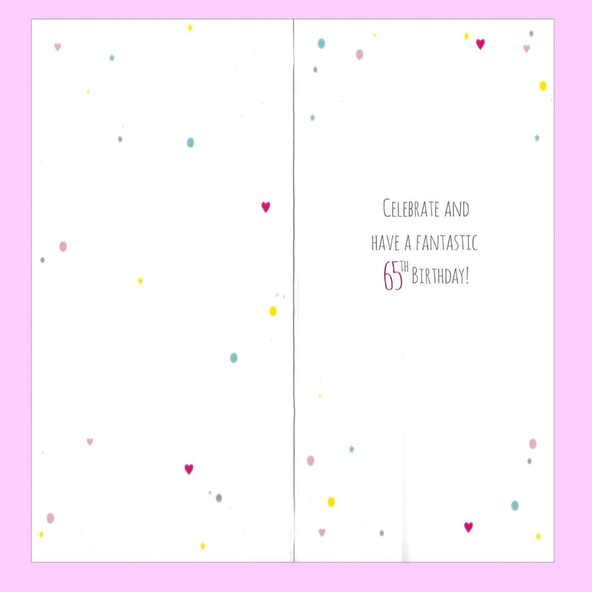 65th Birthday Card with Script Balloons – Pink, Green and Lilac - 7.5 x 5.25 inches
