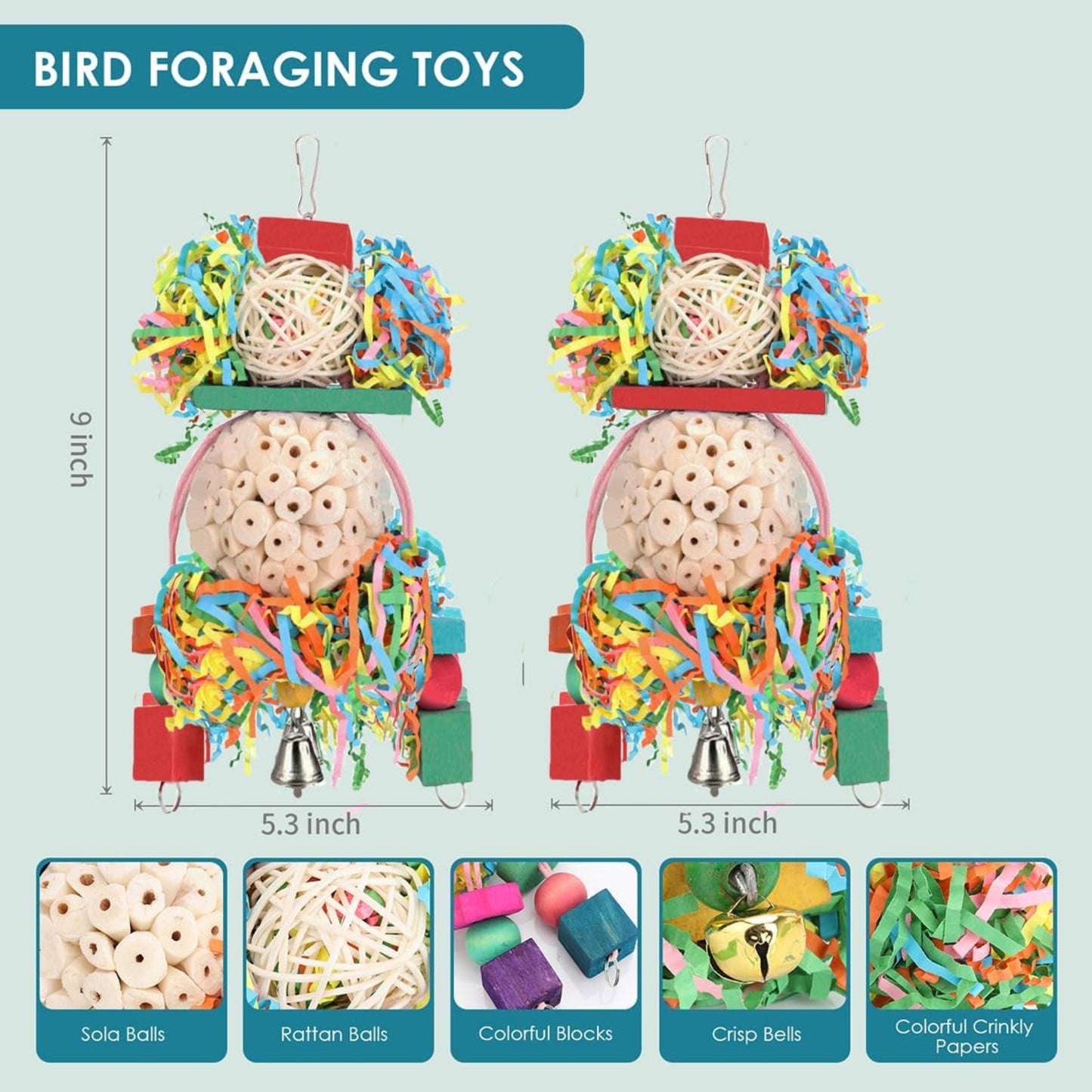 Bird Toys Conure Toys Hanging Natural Soft Sola Ball Beak Chew Shred Forage Toys for Parrots,Cockatiel,Conure,Love Birds,Parakeets,Budgie and Other Small Birds (Boys)