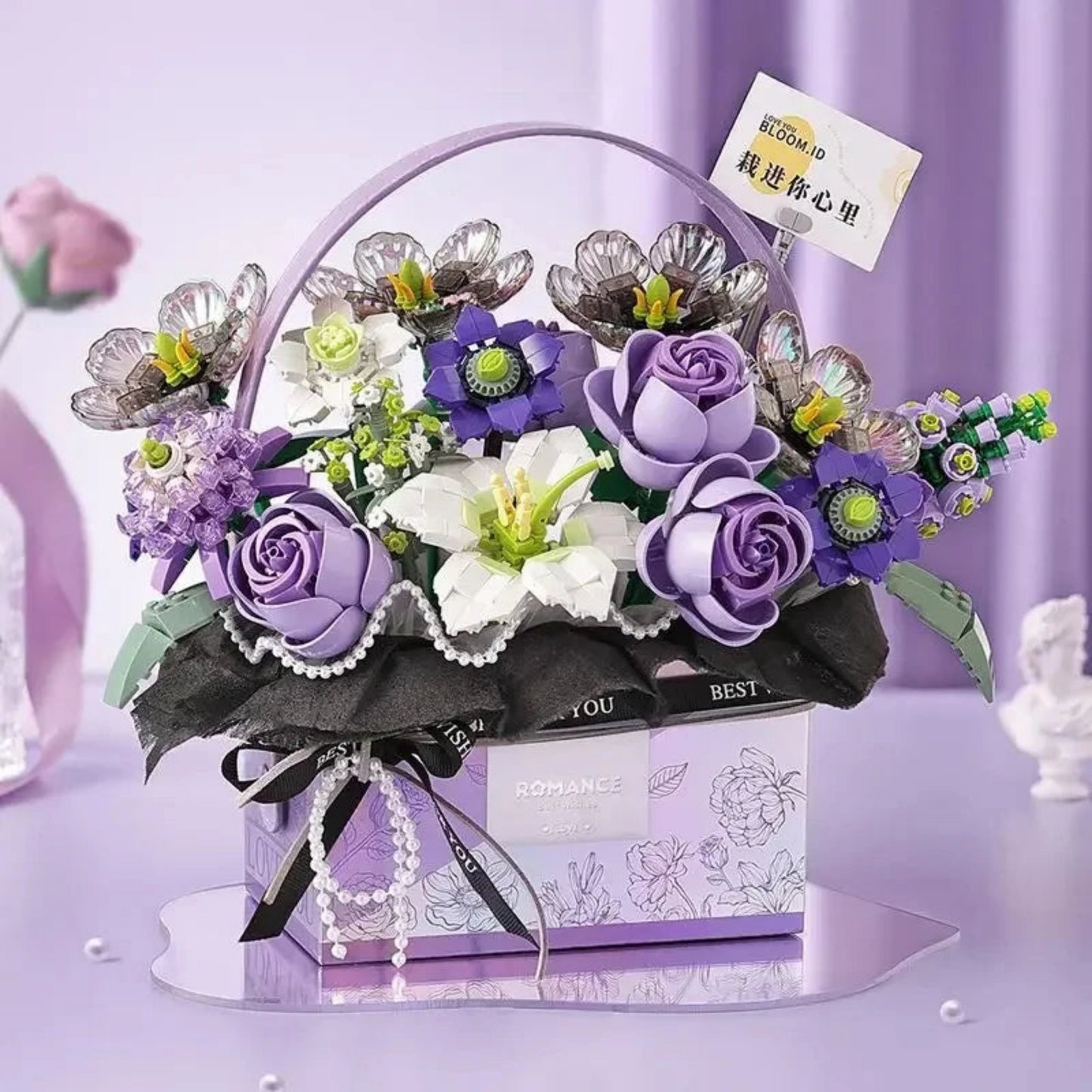 Creative Pink Rose Basket Bouquet Building Blocks Portable Flower Bouquet Gift Box Series Model Bricks Girls Gifts Kids Toys