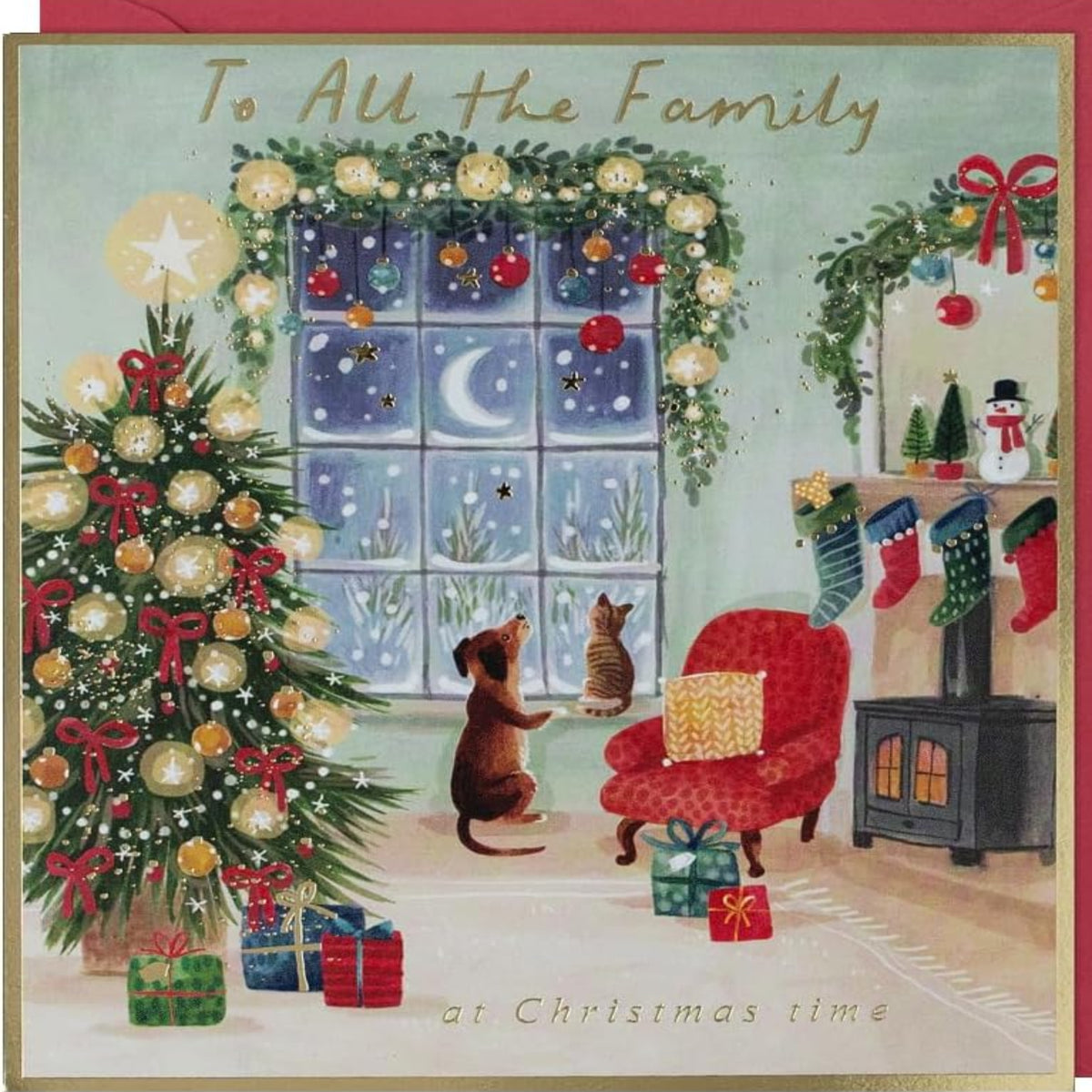 Christmas Card for All the Family | Festive Home with Dog & Cat Design - 180 x 153 mm