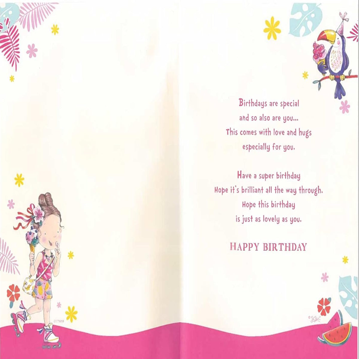 Express Yourself Daughter 7th Birthday Card with Badge & Envelope - Animated Design with Roller Skates and Ice Cream Design - 22.8 x 15.3cm