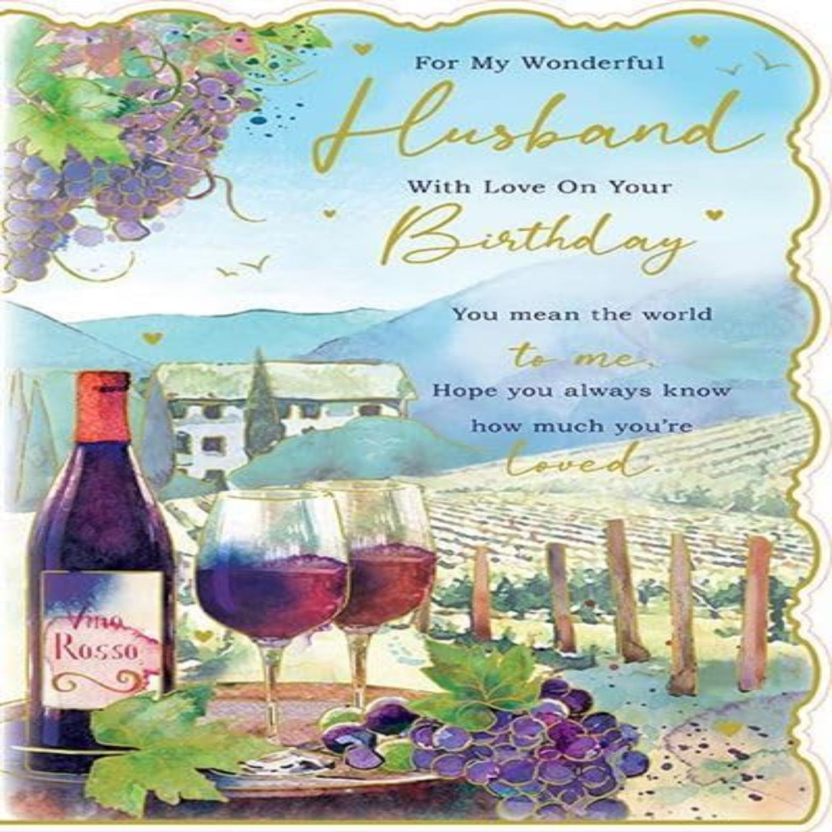 Paper Rose Husband Birthday Card | You Mean the World to Me Wine Design - Red Wine at the Vineyard with Foil Details - 250 x 165 mm