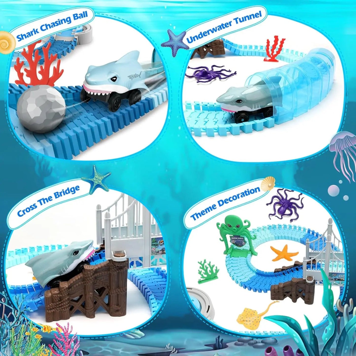 Track Toys Shark Race Car Toy for Boys Girls Age 3+ Bendable Flexible Racetrack Cars Ocean Train Toy STEM Educate Kid Set