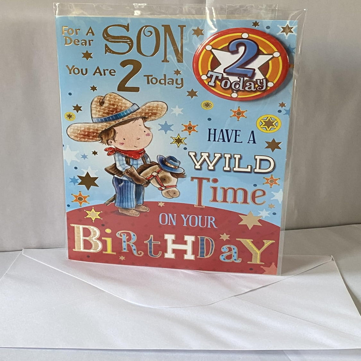 Son Cute Cowboy 2nd Birthday Card with Badge - 22cm x 15cm