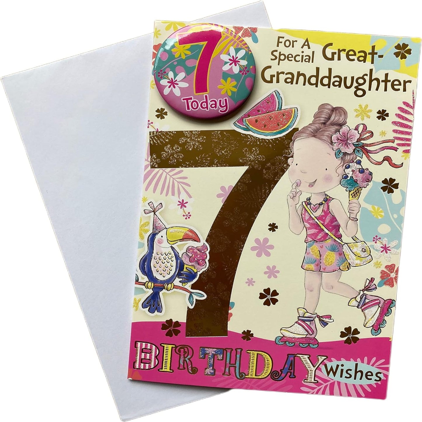 Xpress Yourself 7th Birthday Card for Great-Granddaughter with Badge - 210 x 290 mm