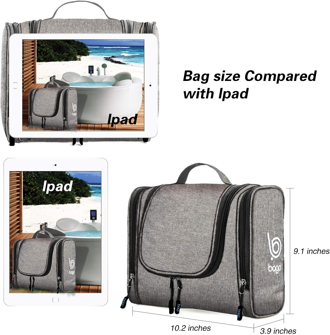 Travel Hanging Toiletry Wash Bag - Large Waterproof Cosmetic Organizer for Women and Men - Snowgray