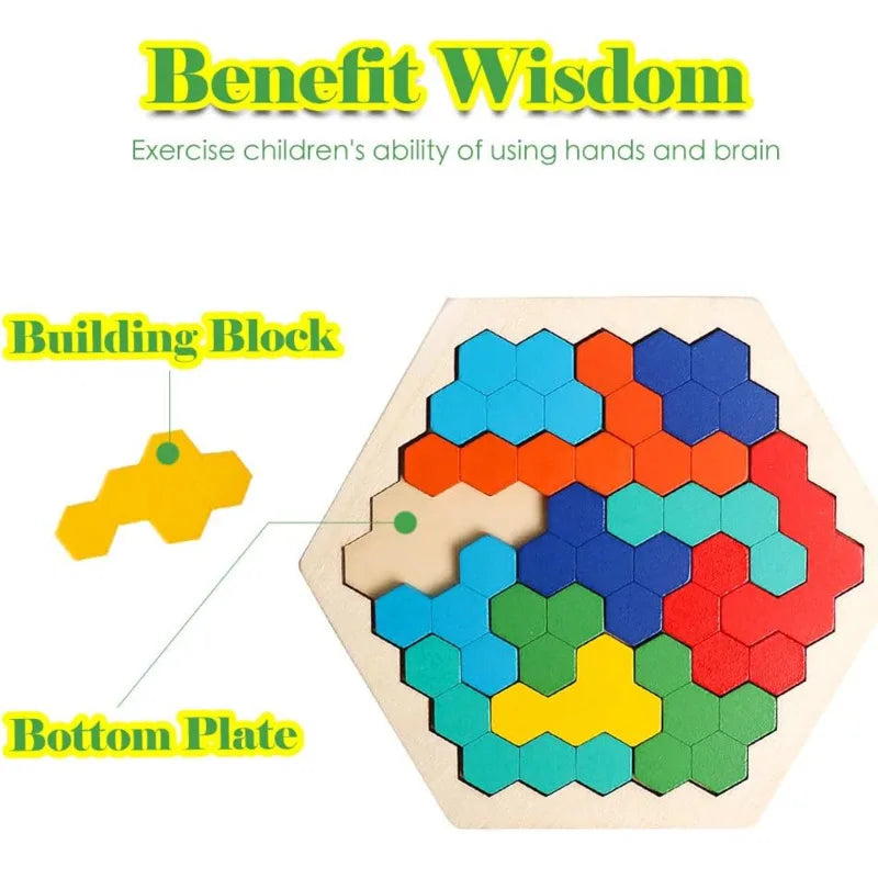 3D Hexagonal Wooden Puzzles Educational Toys for Children Kids Preschool Tangram Board Brain IQ Test Game Montessori Toys Gifts