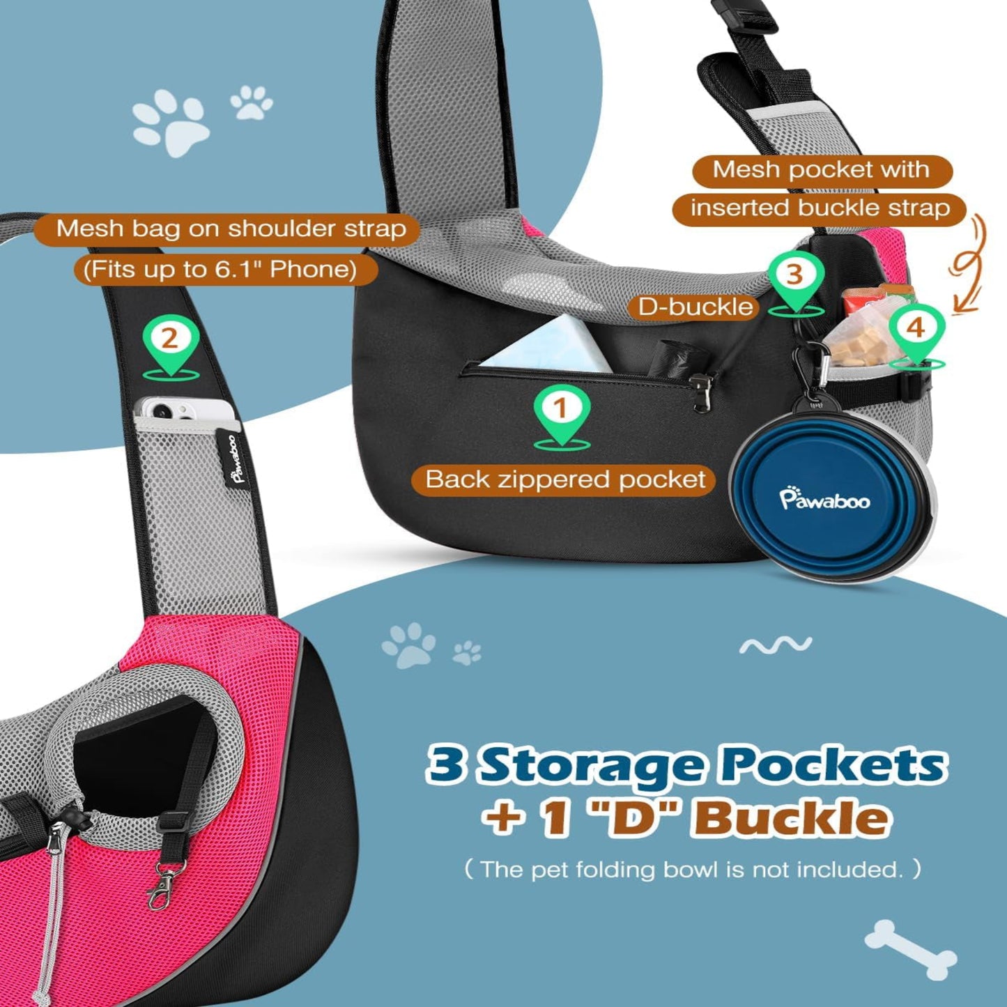 Dog Sling Carrier, Dog Papoose with Zipper Touch Pocket, Hand Free Breathable Mesh Puppy Carrier, Crossbody Satchel Dog Purse with Adjustable Strap for Outdoor Travel, Pink, Large