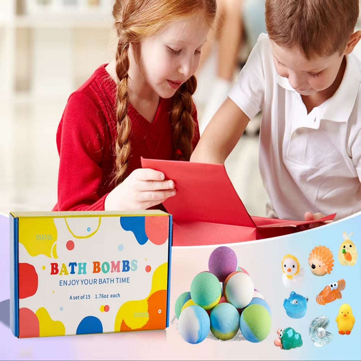 Bath Bombs for Kids with Surprise Inside, 15 Pack Kids Bath Bombs Gift Set, Natural Organic Kids Bubble Bath Fizzy with Bath Toy