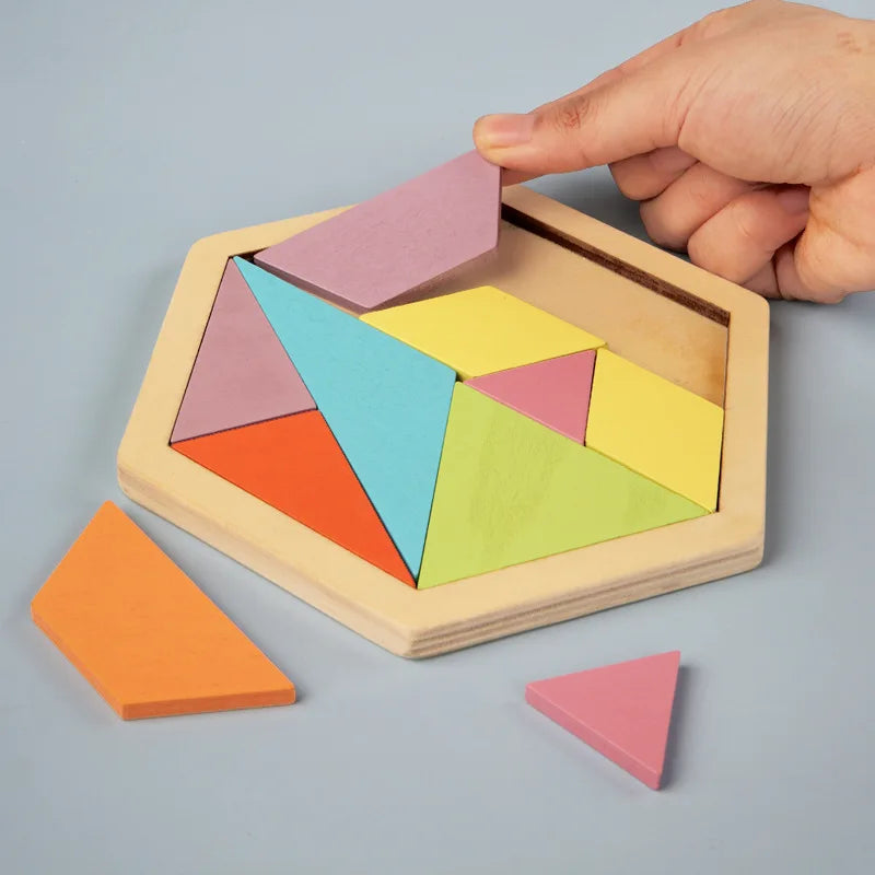 3D Hexagonal Wooden Puzzles Educational Toys for Children Kids Preschool Tangram Board Brain IQ Test Game Montessori Toys Gifts