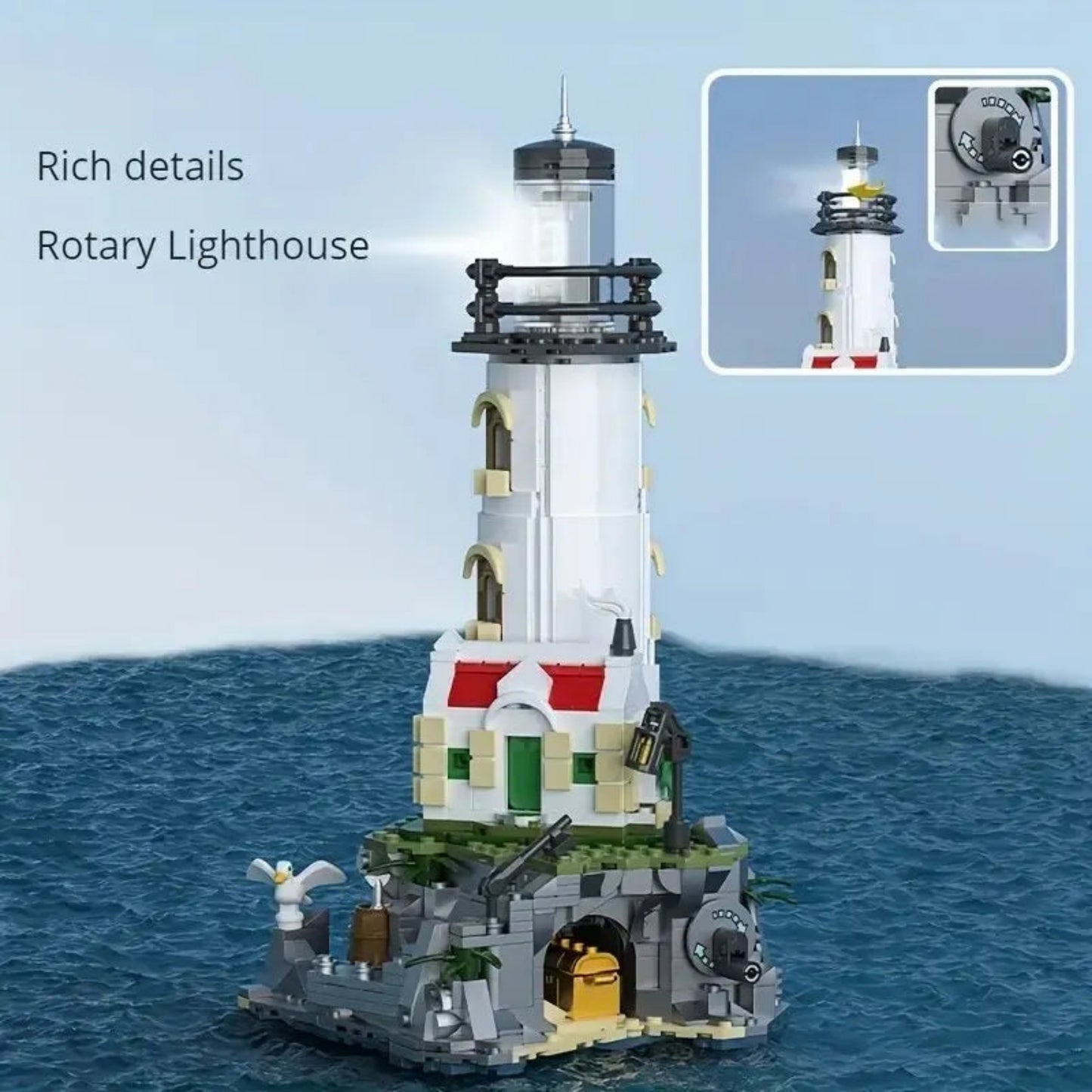 1092PCS Sea Island Electric Lighthouse Building Blocks Fisherman'S Hut Light House Assembly Model Idea Decoration Kids Toys Gift