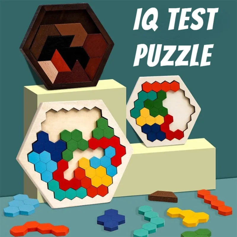 3D Hexagonal Wooden Puzzles Educational Toys for Children Kids Preschool Tangram Board Brain IQ Test Game Montessori Toys Gifts