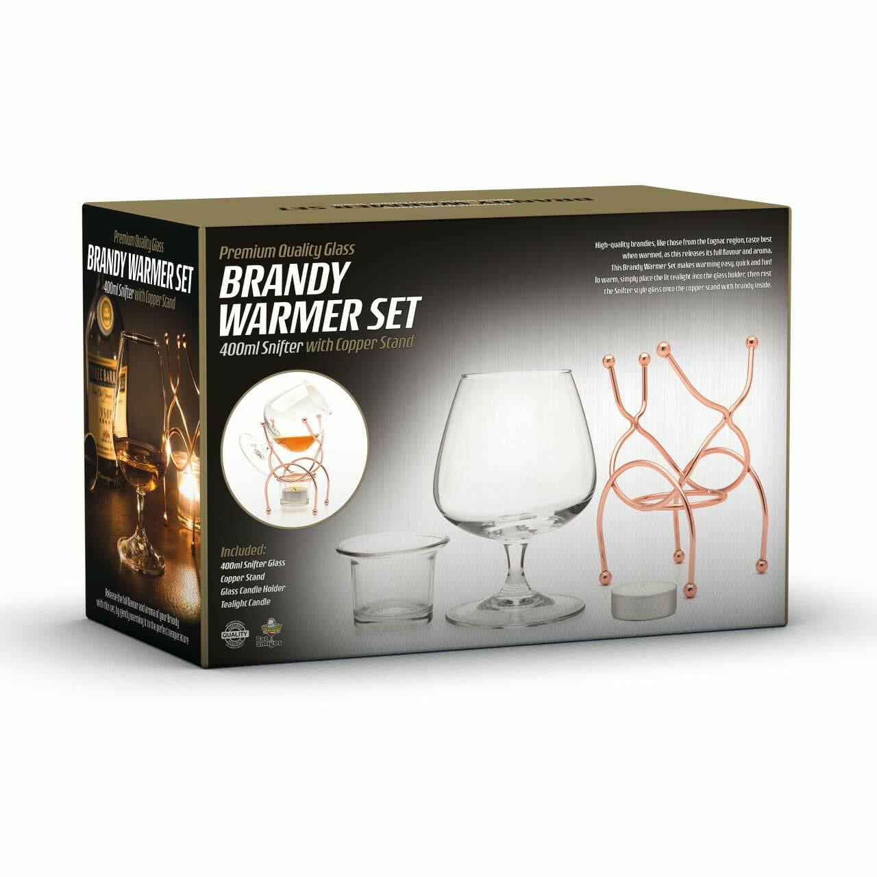 Brandy Cognac Snifter WARMER Glass & Copper Stand Gift Boxed Tumbler Bar Set UK