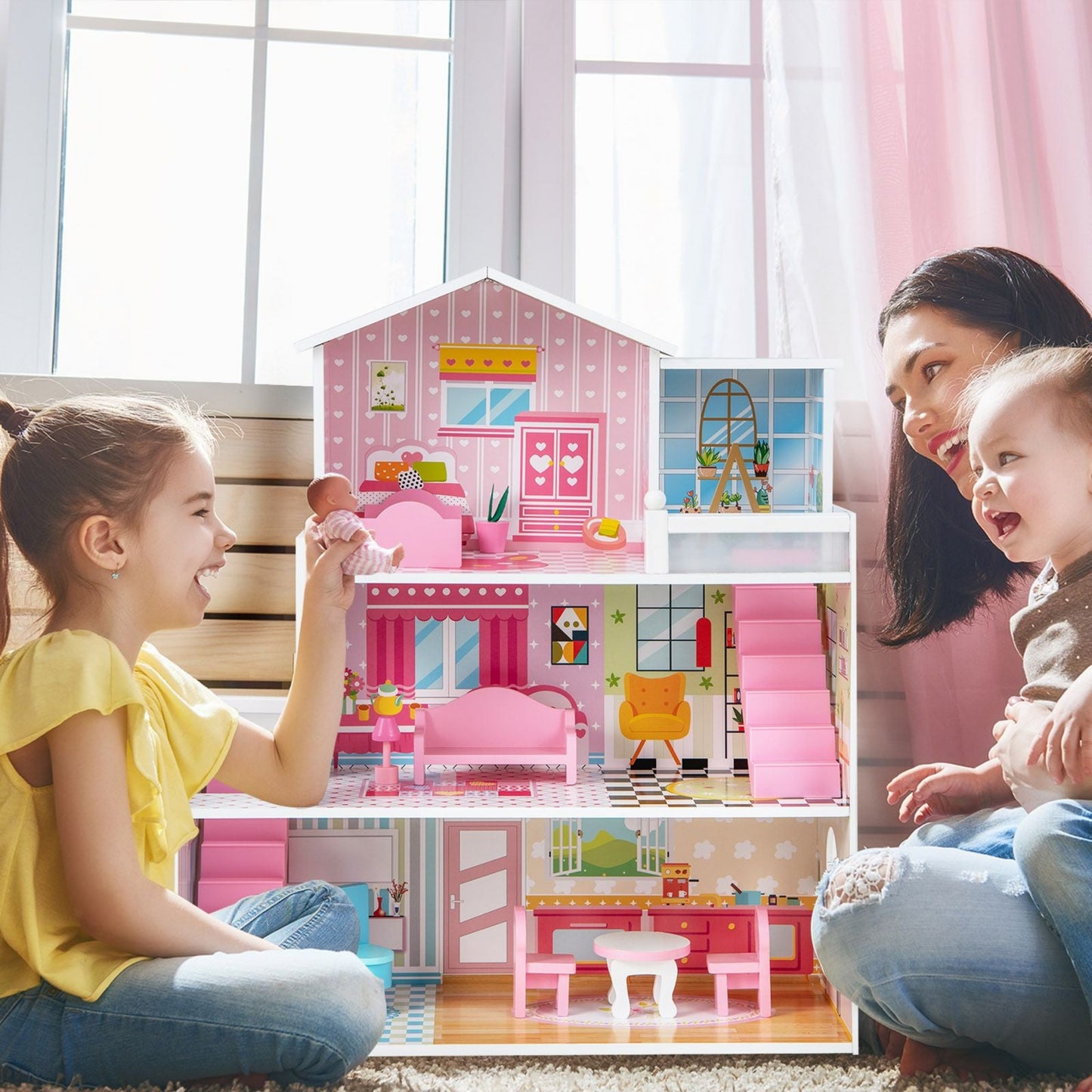 Kids Wooden Dollhouse DIY Pretend for Toddlers 3-7 Years Old
