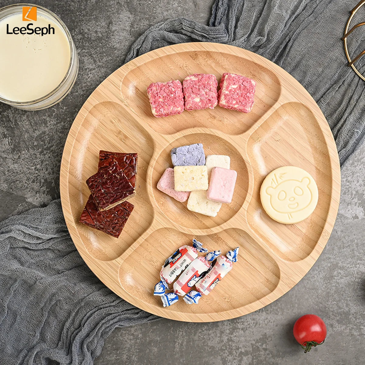 Bamboo round 5 Compartment Serving Tray, Ideal for Snacks, Fruits, Nuts, Wooden Plate with Dividers for Party Platters