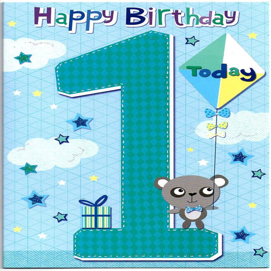 1 Today Birthday Card   –    Colourful Cute Teddy First Birthday Card    -   7  x  5 inches