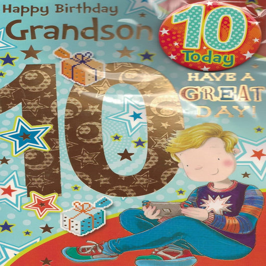 10th Birthday Card for Grandson with Badge | Happy 10th Birthday Card   -   9 X 6 inches