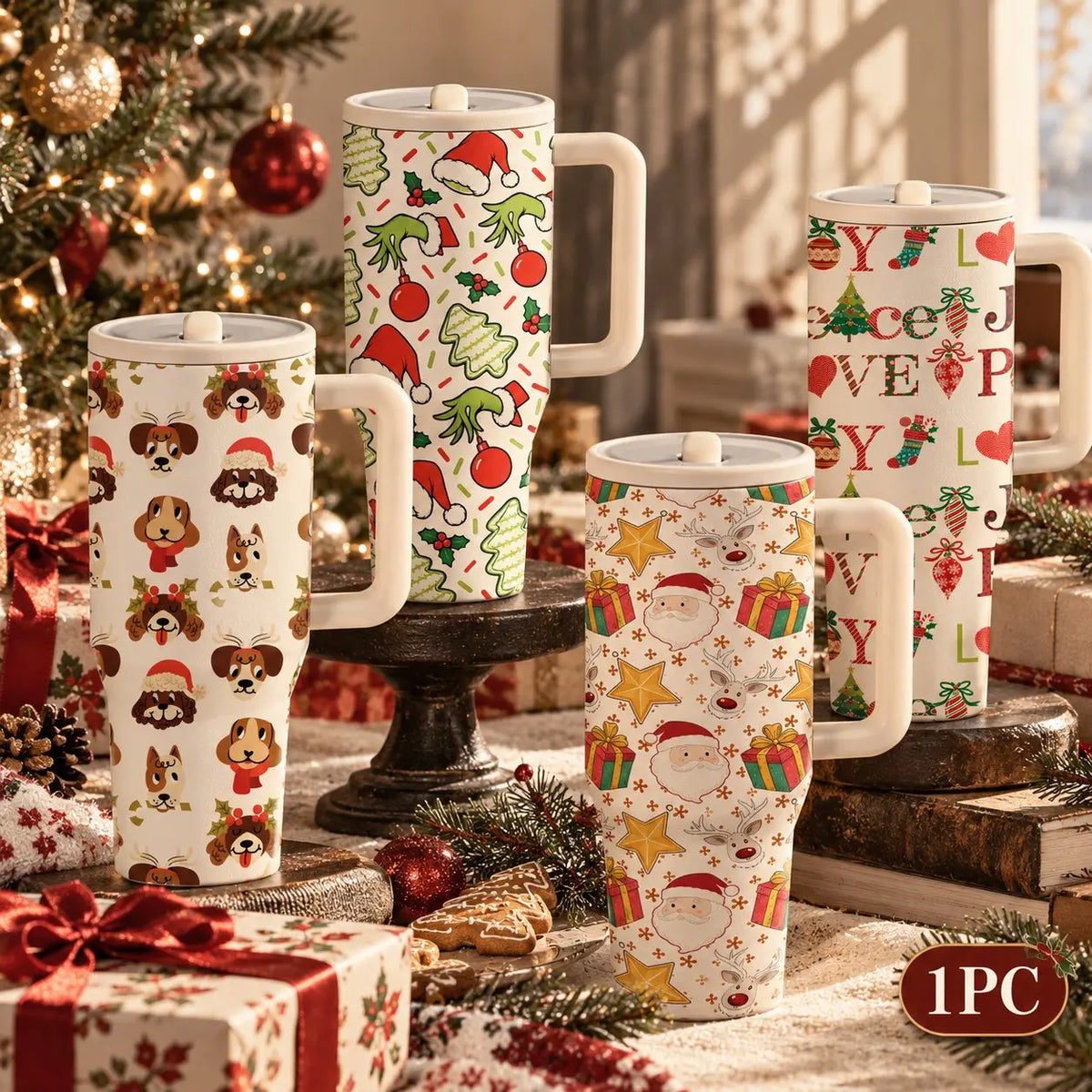 1PC 40Oz Christmas Insulated Tumbler with Handle & Lid, Santa Claus, Candy Cane, Christmas Tree & Holiday Print, Double Wall Stainless Steel Travel Coffee Mug, Large Capacity Cup for Home, Office, Travel, Christmas Gift