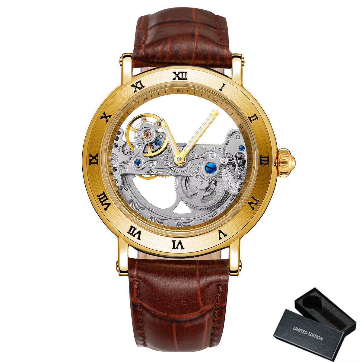 Vintage Mechanical Watches Golden Bridge Skeleton Automatic Mens Watch Luxury Genuine Leather Belt Carved Movement Luminous Hand