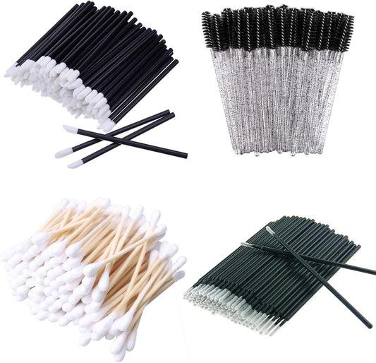 350PCS Disposable Mascara Wands Lip Wands Cotton Swab Set, 50Pcs Eyelash Brush + 100Pcs Lip Brush + 100Pcs Micro Applicator Brushes + 100Pcs Cotton Buds Makeup Tool Kits