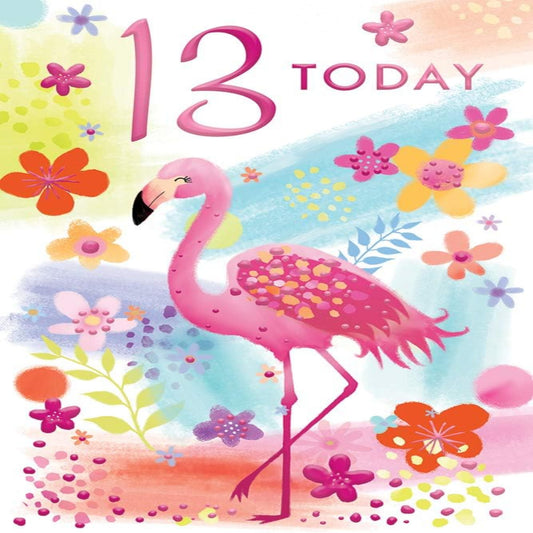 13th Birthday Card for Girls  –  Bright Flamingo Age 13 Birthday Card with Verse   -  15.2cm  x  22.8cm