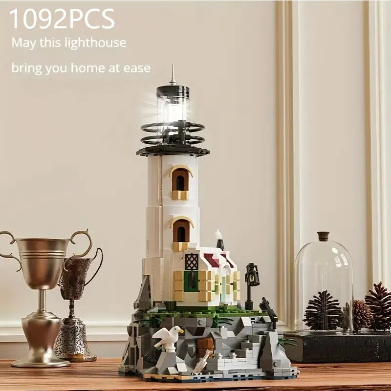 1092PCS Sea Island Electric Lighthouse Building Blocks Fisherman'S Hut Light House Assembly Model Idea Decoration Kids Toys Gift