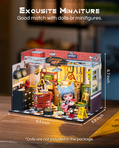 DIY Miniature House Kit Mini Dollhouse Garage Workshop Tiny House Making Kit with LED Light Decorative for Children