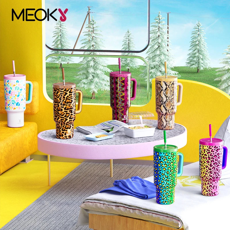 40Oz Cup Tumbler with Handle Straw Stainless Steel Multi-Prints Coffee Cup Travel Water Bottle Leak-Proof Car Mug Gifts