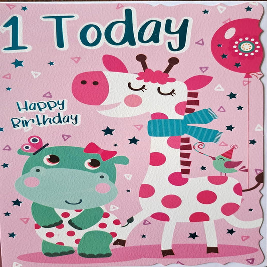 1st Birthday Card for Girl | Hippo & Llama 1 Today Birthday Card  -  19.5cm x 13.5 cm