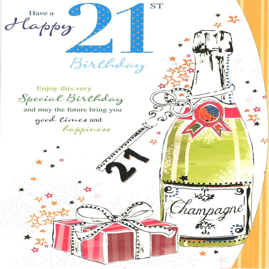 21st Birthday Card with Champagne & Gold Foil  -  160mm  x  240mm