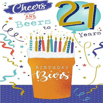 21st Birthday Card | Cheers & Beers Design Happy Birthday Card   -  15cm x 23cm