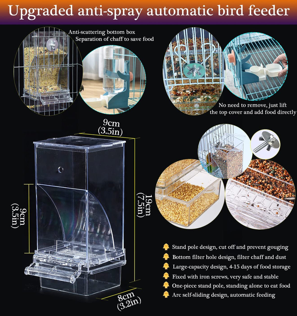 No Mess Bird Feeder Water Dispenser Set, Automatic Parrot Feeder Cage Accessories, Clear Parakeet Seed Container Food Feeder Drinker for Cage, Cockatiel Squirrel Finch Lovebirds Budgies Canary