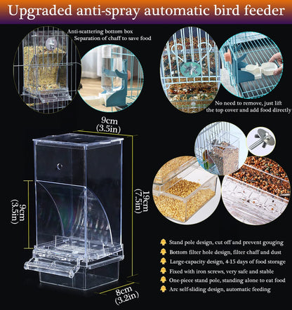 No Mess Bird Feeder Water Dispenser Set, Automatic Parrot Feeder Cage Accessories, Clear Parakeet Seed Container Food Feeder Drinker for Cage, Cockatiel Squirrel Finch Lovebirds Budgies Canary