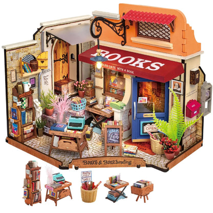 Miniature House Kit DIY Dollhouse Corner Bookstore with LED DIY Dollhouse Craft Kits for Adults Birthday for Women Kids