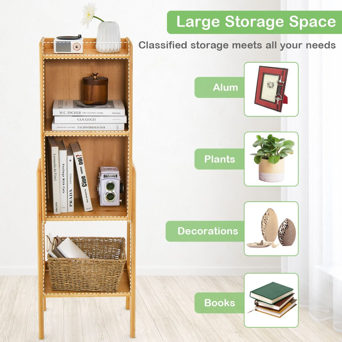 3 Tier/4 Tier Free Standing Tall Bamboo Bookshelf with Legs