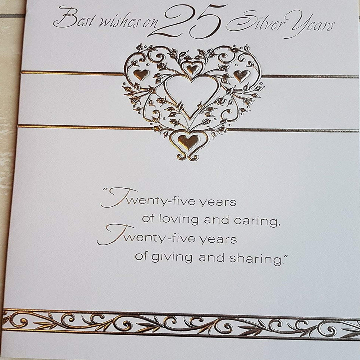 25th Silver Wedding Anniversary Card   -  Embossed Silver Hearts