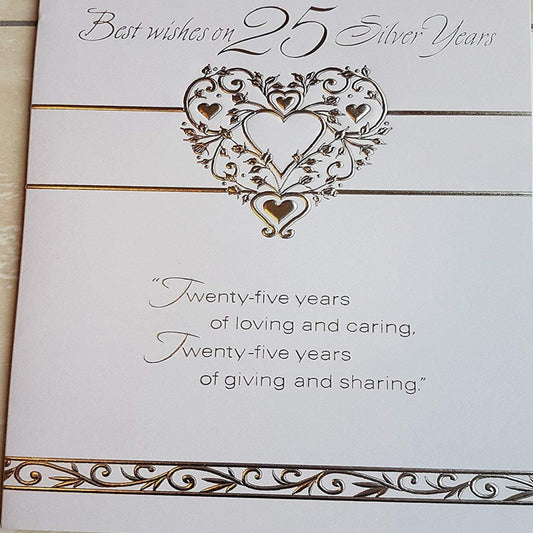 25th Silver Wedding Anniversary Card   -  Embossed Silver Hearts