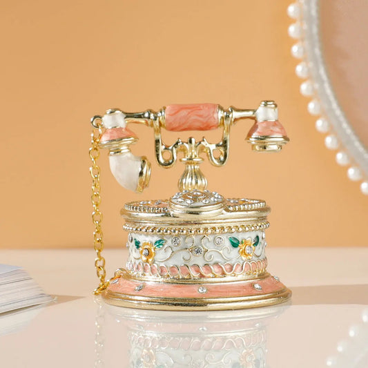 Vintage Style Telephone Shape Jewelry Trinket Box with Rich Enamel and Sparkling Rhinestones Unique Gift for Home Decor