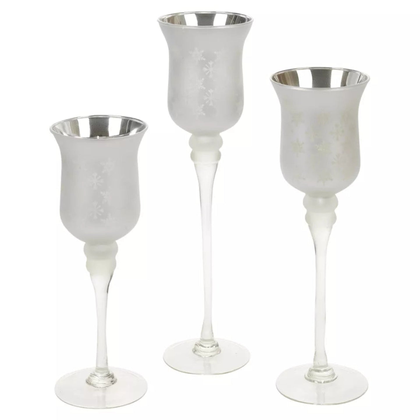 3 Snowflake Tall Large Glass Hurricane Tea Light Pillar Candle Holders - Elegant Home Décor & Centerpiece