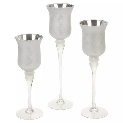 3 Snowflake Tall Large Glass Hurricane Tea Light Pillar Candle Holders - Elegant Home Décor & Centerpiece
