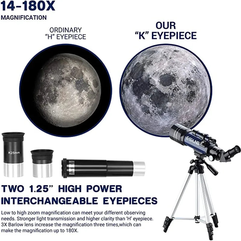 70Mm Aperture Refractor Telescopes (15X-180X) for Astronomy Beginners, Portable Travel Telescope with Phone Adapter