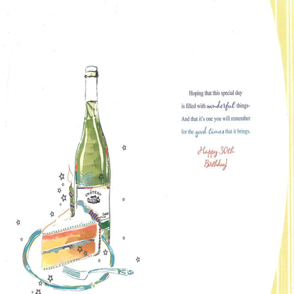 30th Birthday Card with Wine, Cake & Gold Foil Design