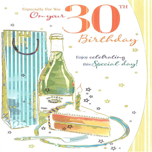 30th Birthday Card with Wine, Cake & Gold Foil Design